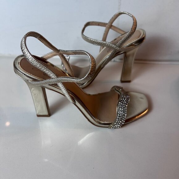 Jewel Badgley Mischka Light Gold Rhinestone Strap Block Heel Sandals Size 6 - Picture 3 of 8